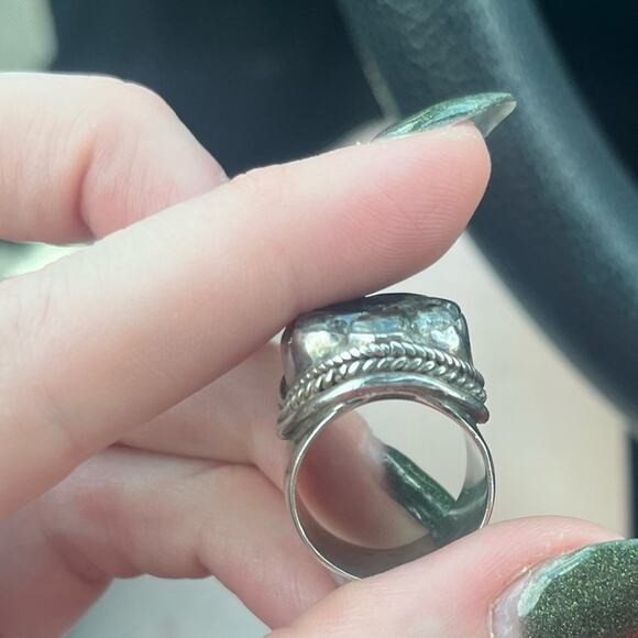 Vintage Carved Pale Green Flower Stone Wide Band Chunky 925 Sterling Silver Ring - Picture 9 of 14